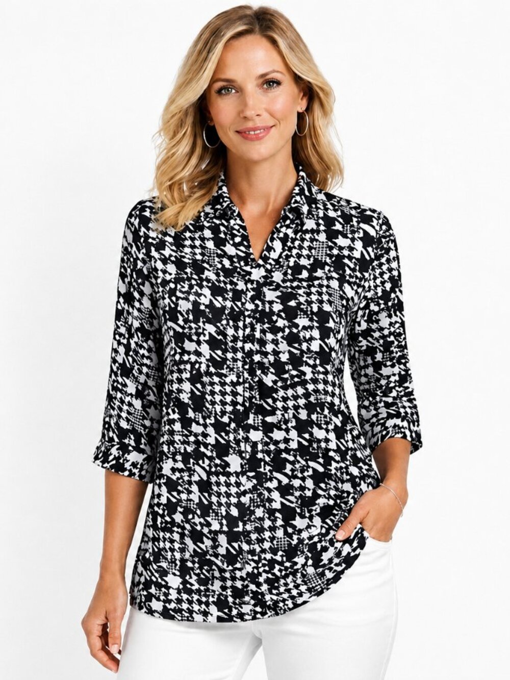 Chico’s Tunic Size 2 (12) Houndstooth Lightweight Flowy Hi-Lo Hem